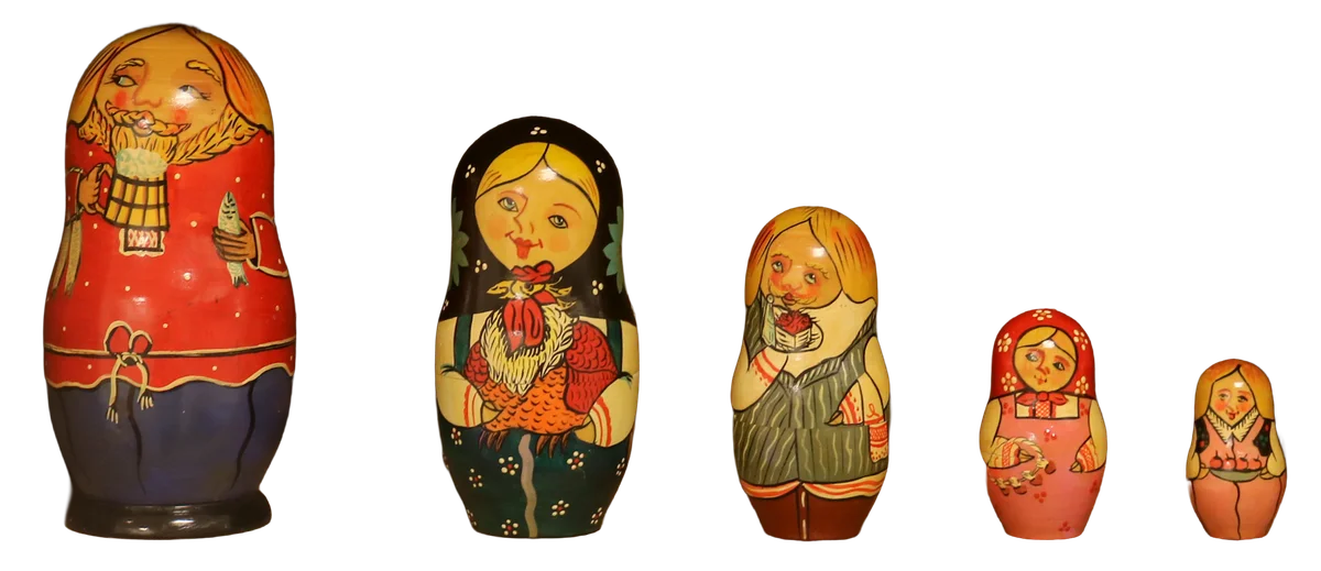 Five hand-painted wooden matryoshka dolls from my office